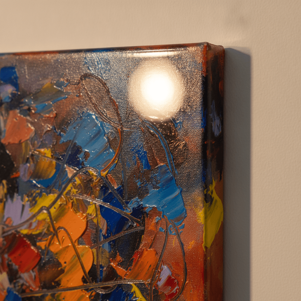 Makroaufnahme einer glänzenden Kunstharz-Oberfläche über einem farbigen Spachtelrelief