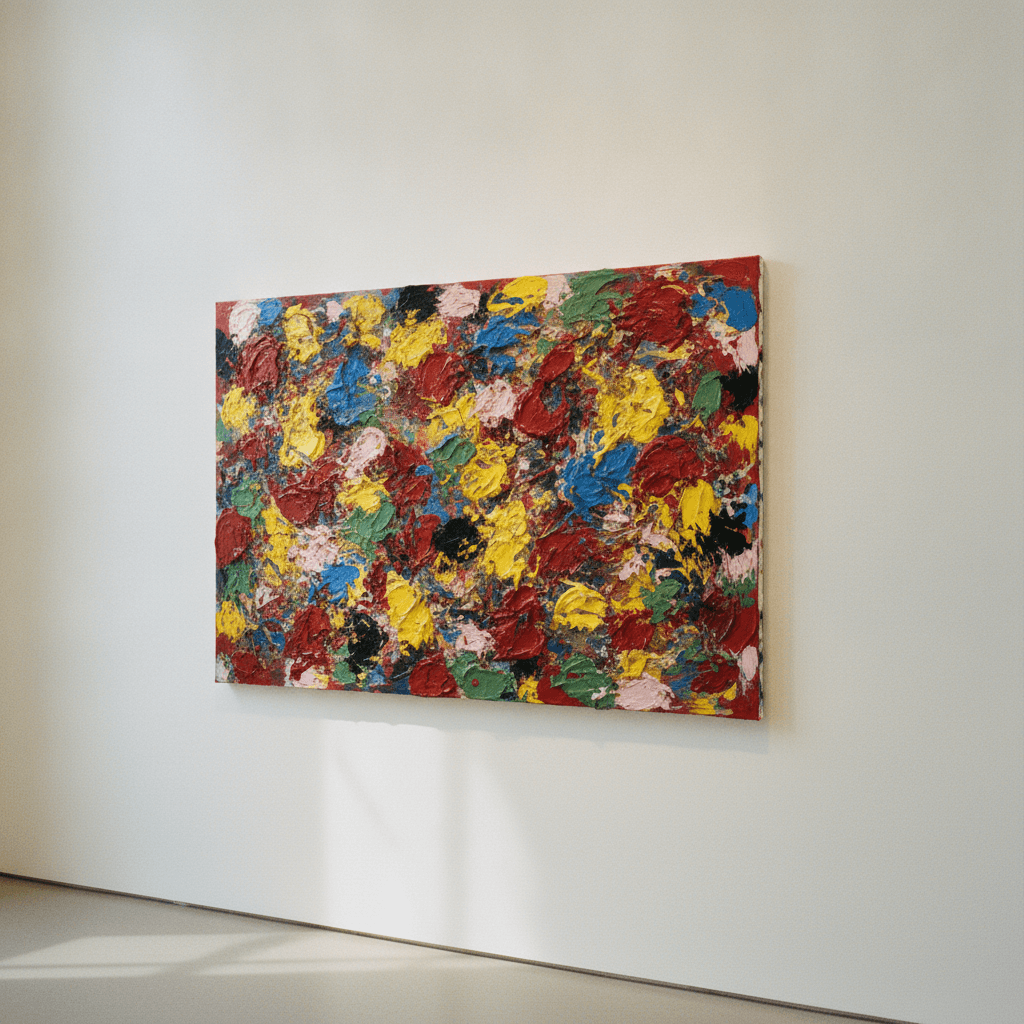 Ein grosses abstraktes Gemälde hängt allein an einer hellen Wand in einem stillen Raum